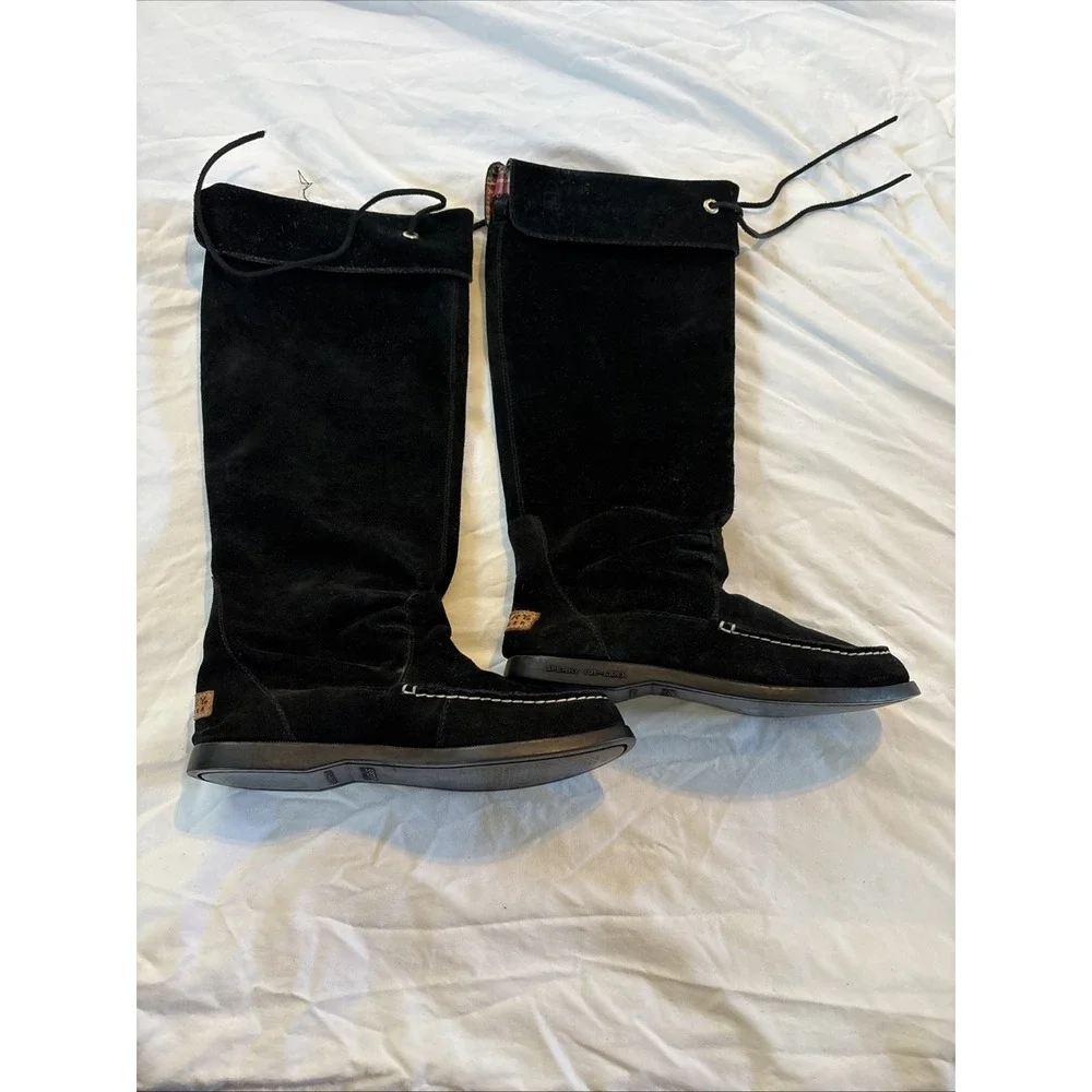 SPERRY TOP SIDER BLACK‎ LEATHER KNEE HIGH CUFFED SLOUCH BOOTS Women's Size 7 M